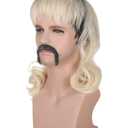 70s 80s Rocker Mullet Wig Set for Men | Dark Roots Short Blonde Wavy Wigs for Mens Halloween Cosplay Party with 6 Earrings and Mustache