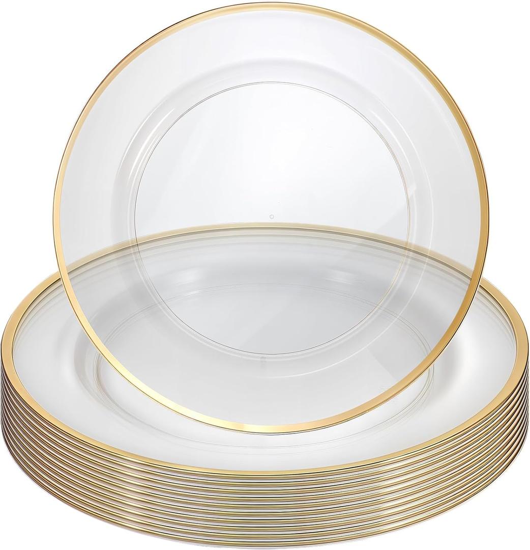 DIVINA VITAE 25 Pack Charger Plates Bulk Clear Charger Plates with Gold Trim, 12 Inch Gold Plastic Chargers Plate Disposable for Party, Wedding, Dinne, Thanksgiving,Halloween,Christmas
