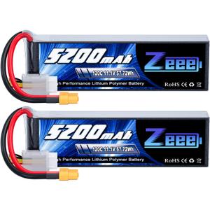 Zeee 3S Lipo Battery 5200mAh 120C 11.1V RC Soft Pack Battery with XT60 Connector for RC Car Truck Airplane Helicopter Plane Quadcopter RC Boat Racing Hobby Models 6.02 * 1.7 * 0.99in (2 Pack)