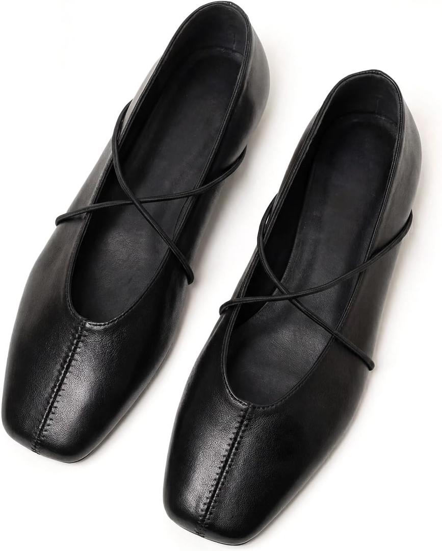 Womens Ballet Flats Black Square Toe Flats with Criss Cross Strap Comfortable Dress Shoes for Office Work Casual, Size 6.5
