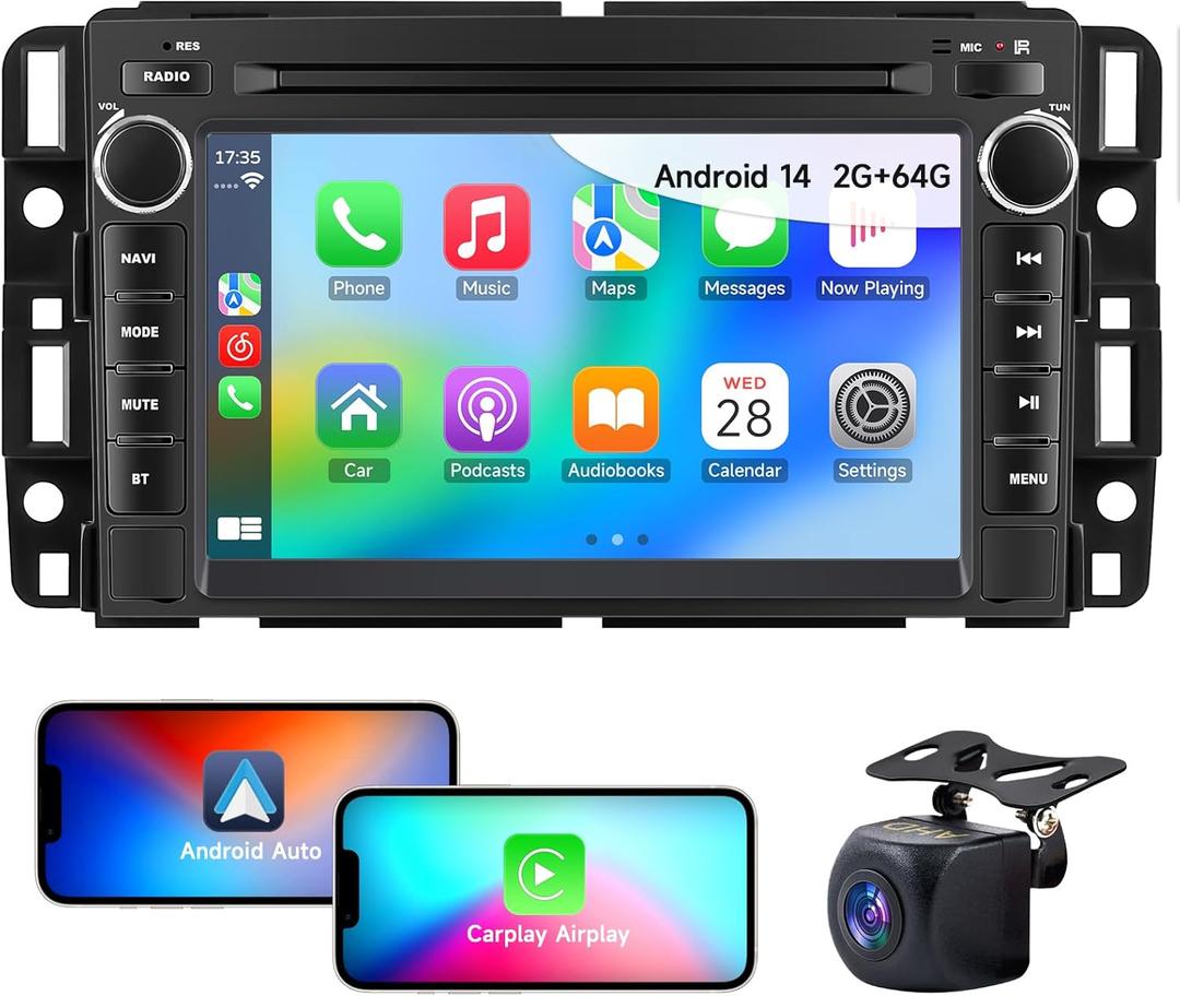 Car Radio for Chevy Silverado Tahoe GMC Sierra Yukon 2007-2013, Android 14 2+64G Double Din Car Stereo with Bluetooth, 7" HD Touchscreen with Apple CarPlay, Android Auto, Backup Camera, GPS, RDS