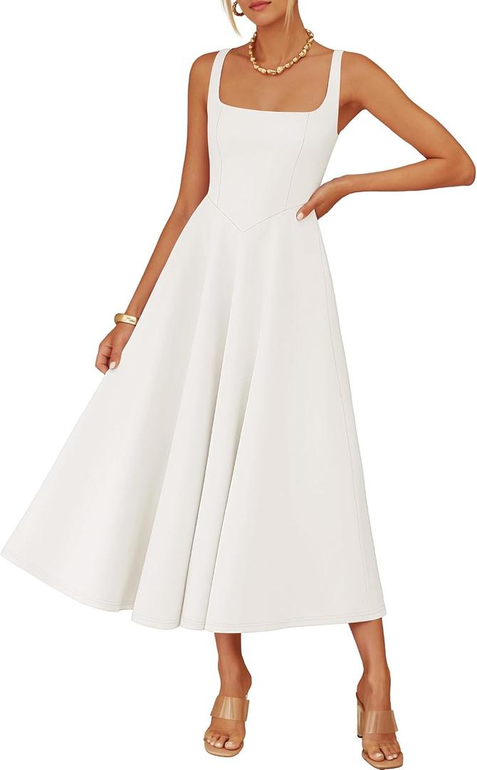 ZESICA Women's Summer Sleeveless Midi Dress 2026 Square Neck Wedding Guest Beach Casual Flowy Long Dresses with Pockets (White, L)