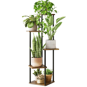 Tall Plant Stand Indoor 5 Tiered Plant Shelf for Multiple Plants Coner Shelf Stand Wood Plant Stand Metal Shelving for Living Room Bedroom Balcony Patio Brown Oak
