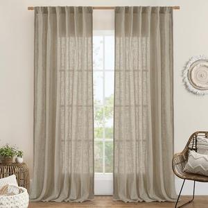LAMIT 95 Inches Long Linen Curtains for Living Room, Back Tab and Rod Pocket Semi Sheer Curtains Light Filtering Farmhouse Drapes for Bedroom/Dining Room, Taupe, Set of 2, 52 x 95 Inch