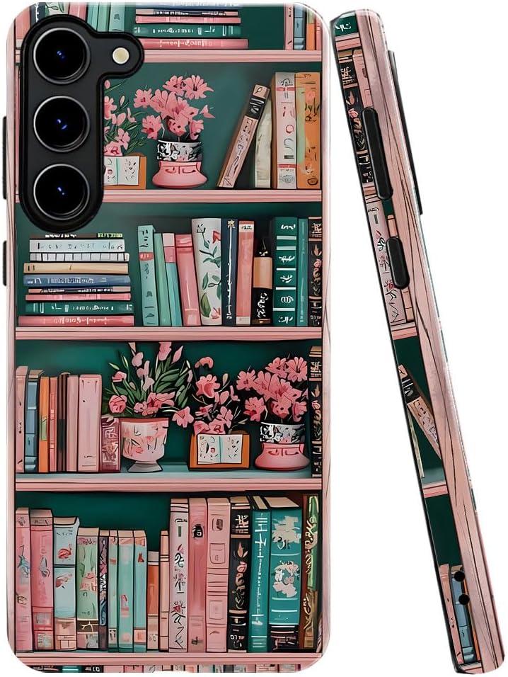 Case for Samsung Galaxy S23 Plus,Floral Bookshelf Retro Pink Phone Case Drop Resistant Glossy 2 in 1 Solid Dual-Layer Cover for Girl Women