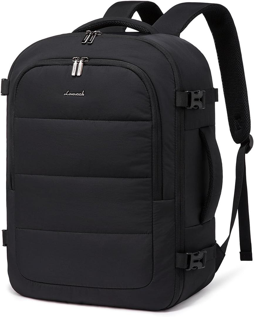 LOVEVOOK Travel Backpack for Women Men, 40L Lightweight Puffy Flight Approved Carry On Backpack Fits 17'' Laptop, TSA Personal Item Travel Bag, Waterproof Weekender Trip Work Luggage Daypack, Black (18.9 inch)
