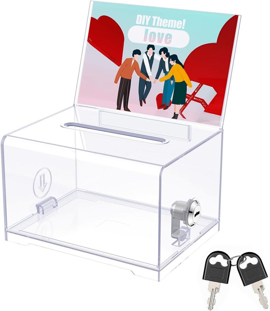 Uniclife Acrylic Donation Box with Lock and Sign Holder 6.2" x 4.7" x 4" Ballot Box with Slot Plastic Suggestion Boxes Storage Container for Fundraising Voting Charity Tip Collection (1 Pack, Clear)