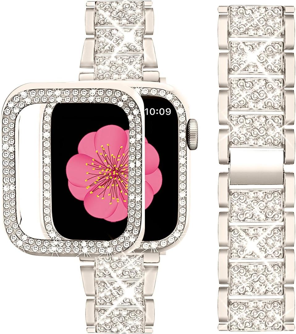 SUPOIX Compatible with Apple Watch Band S10 42mm + Case, Women Jewelry Bling Diamond Metal Bands & 2P Cover Cases for iWatch Series 10(Champagne Gold,42mm)