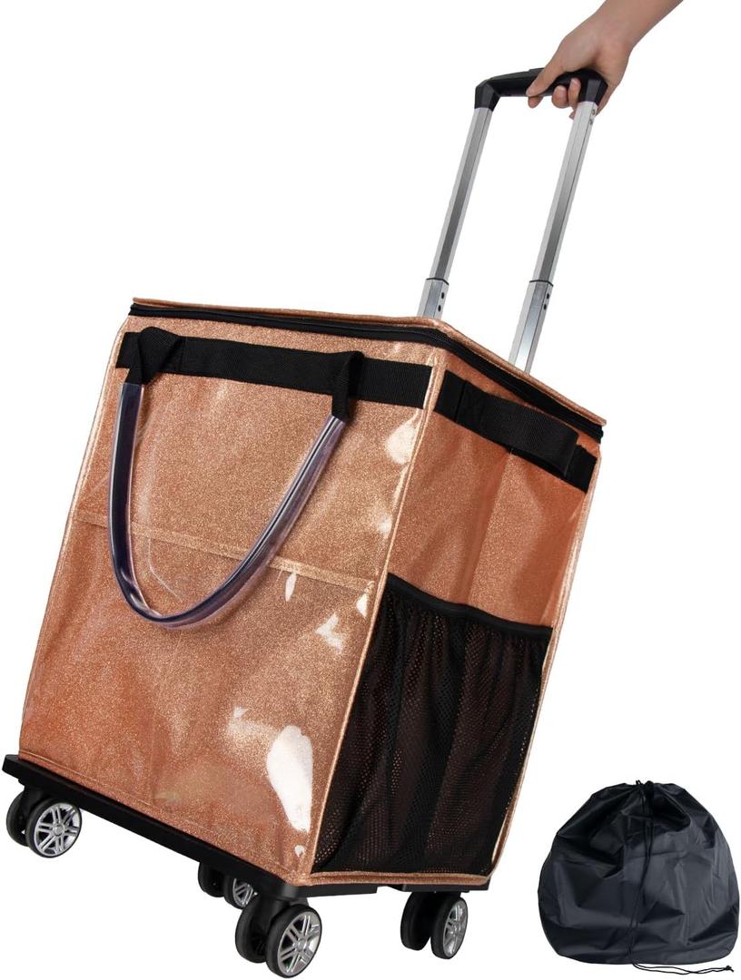 Reusable Grocery Bags on Wheels, Rolling Tote Bag, Starry Gold | for Groceries, Shopping, Trave, with Drawstring Bag 54L, Foldable, Laundry