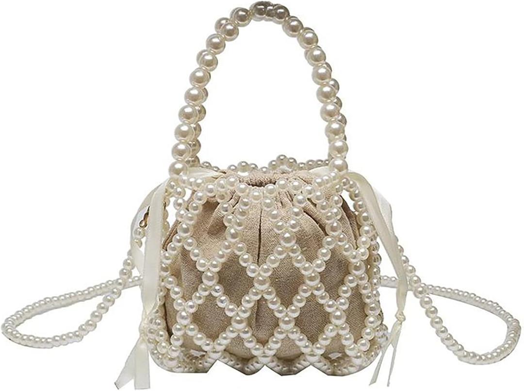 SHESRA Luxury Pearl Bag Chain Bag Purse Bags, Artificial Pearl Clutch Handmade Bags Evening Bags for Wedding Bridal Party Travel 5.1x5.9in
