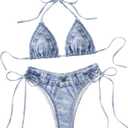 SHENHE Women's 2 Piece Swimsuits Denim Print Halter String Triangle Tie Side Bikini Set (Blue)