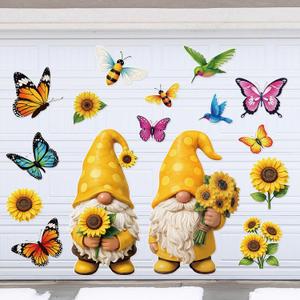 Flutesan 16 Pcs Summer Sunflower Gnome Garage Decoration Magnet Sticker, Large Gnome with Sunflower Magnetic Garage Door Decorations for Summer Party Home Decor