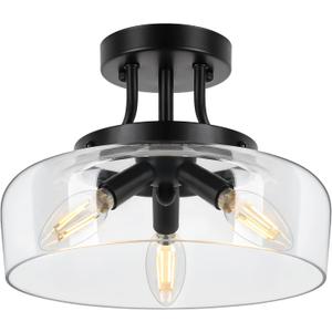 Modern Industrial Semi Flush Mount Ceiling Light with Clear Glass Shade, 3-Bulb Black Ceiling Light Fixture for Kitchen, Bedroom Living Room Porch Hallway, Entryway, E12 Socket, Bulbs Not Included (11in)