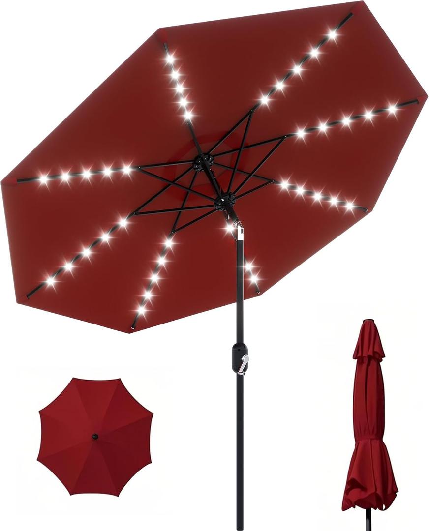 GarveeLife 10 ft Patio Umbrella with Solar Lights, 8 Ribs Outdoor Market Table Umbrella with 40 LED Lights & Tilt Crank for Pool, Deck, Backyard (Red)