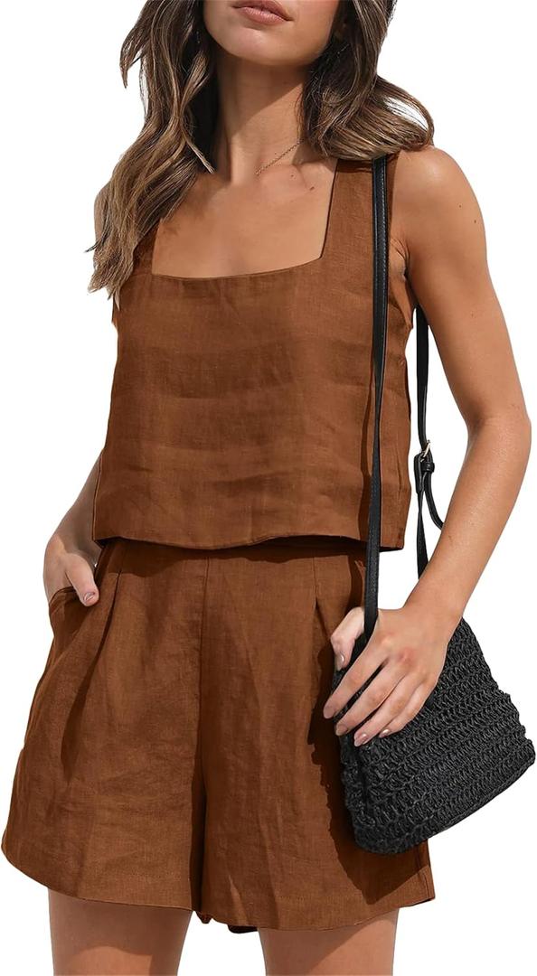 YMING Women Two Piece Shorts Set Sleeveless Lounge Sets Summer 2 Piece Linen Tank Top and Shorts with Pockets Dark Brown S
