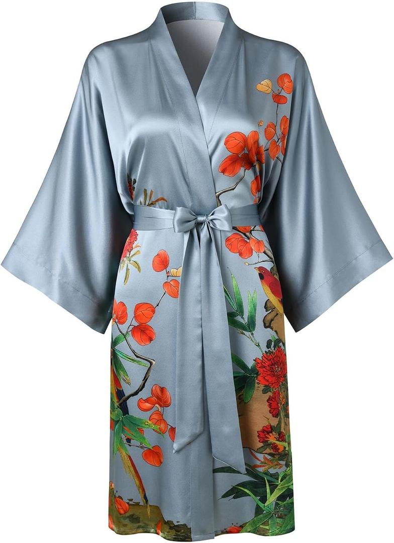 TicyLuck Women's Silk Kimono Robe Short Bathrobe Nightgown 100% Mulberry Silk for Women - Classic Floral Pattern (US, Alpha, One Size, Regular, Regular, Blue Gray)