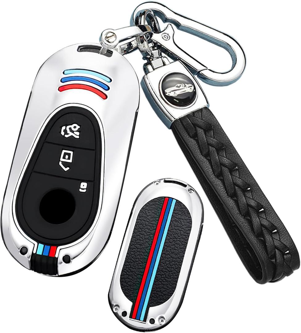SANRILY Silicone+Zinc Alloy Luminous Key Fob Cover Case Compatible with Mercedes for Benz C S GLC EQE EQS 300 350 450 500 560 580 AMG Keyless Key Holder with Leather Keychain Silver