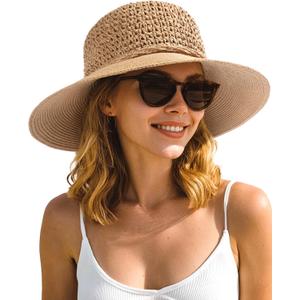 FURTALK Beach Hats for Women Summer Straw Sun Hat Wide Brim Crochet Hats (Medium, Khaki)