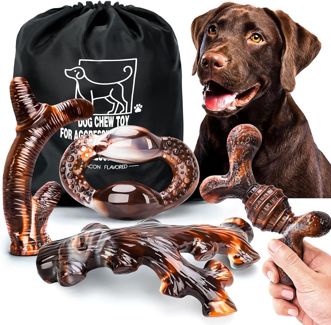 Dog Chew Toys for Aggressive Chewers 4 Pack, Indestructible Dog Toys, Bacon Flavor, Tough Nylon Bones to Keep Them Busy, Medium & Large Breed, Gifts for Dogs