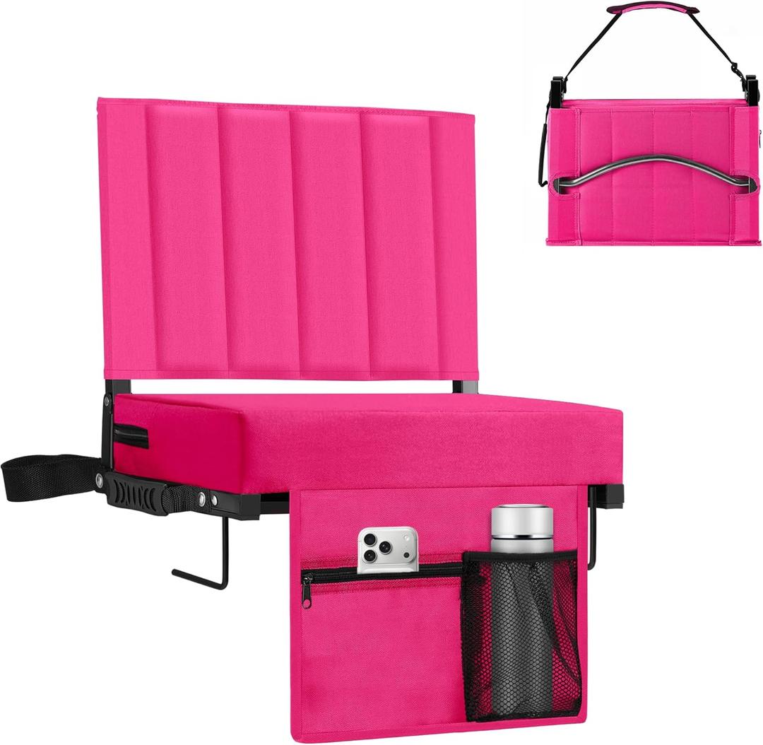 Stadium Seat for Bleachers with Back Support, Portable Bleacher Seat with Wide Comfy Padded Cushion, Metal Hook, Folding Stadium Chair with Shoulder Strap, Carry Handle, Cup Holder (Hot Pink)