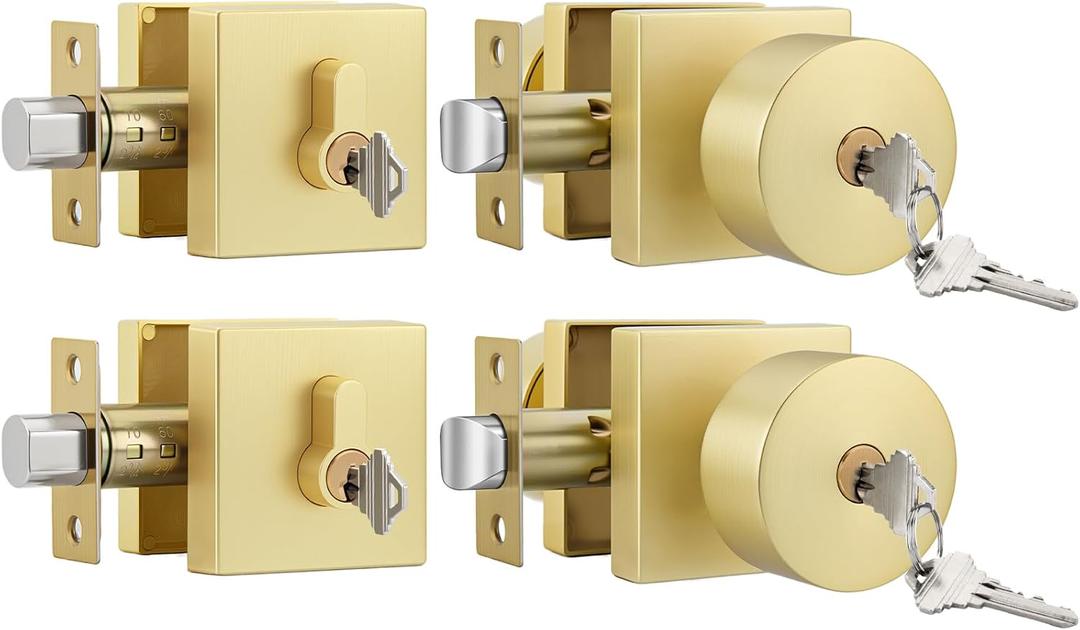 Goldenwarm Gold Exterior Door Knob with Deadbolt, Heavy Duty Front Door Knob and Deadbolt Set, Zinc-Alloy Brushed Gold Entry Door Lock Set - Single Cylinder, 2 Pack