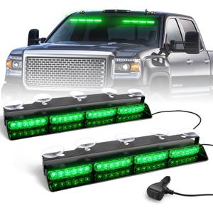 HLauto 6Z4J Emergency Dash Strobe Lights: 2x16.8 inch Green Safety Lights, 48 LED Flashing Warning Hazard Interior Windshield Visor Traffic Light Bar for Trucks, Construction Vehicles