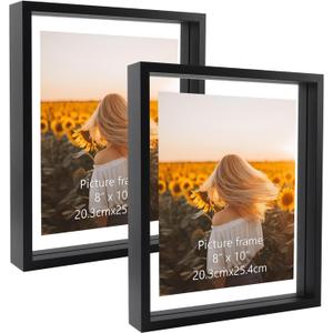 WIFTREY Black 8x10 Floating Picture Frame 2 Pack, Double Glass Distressed Floating Photo Frame for Tabletop or Wall Mount, Displays Photo up to 10x12
