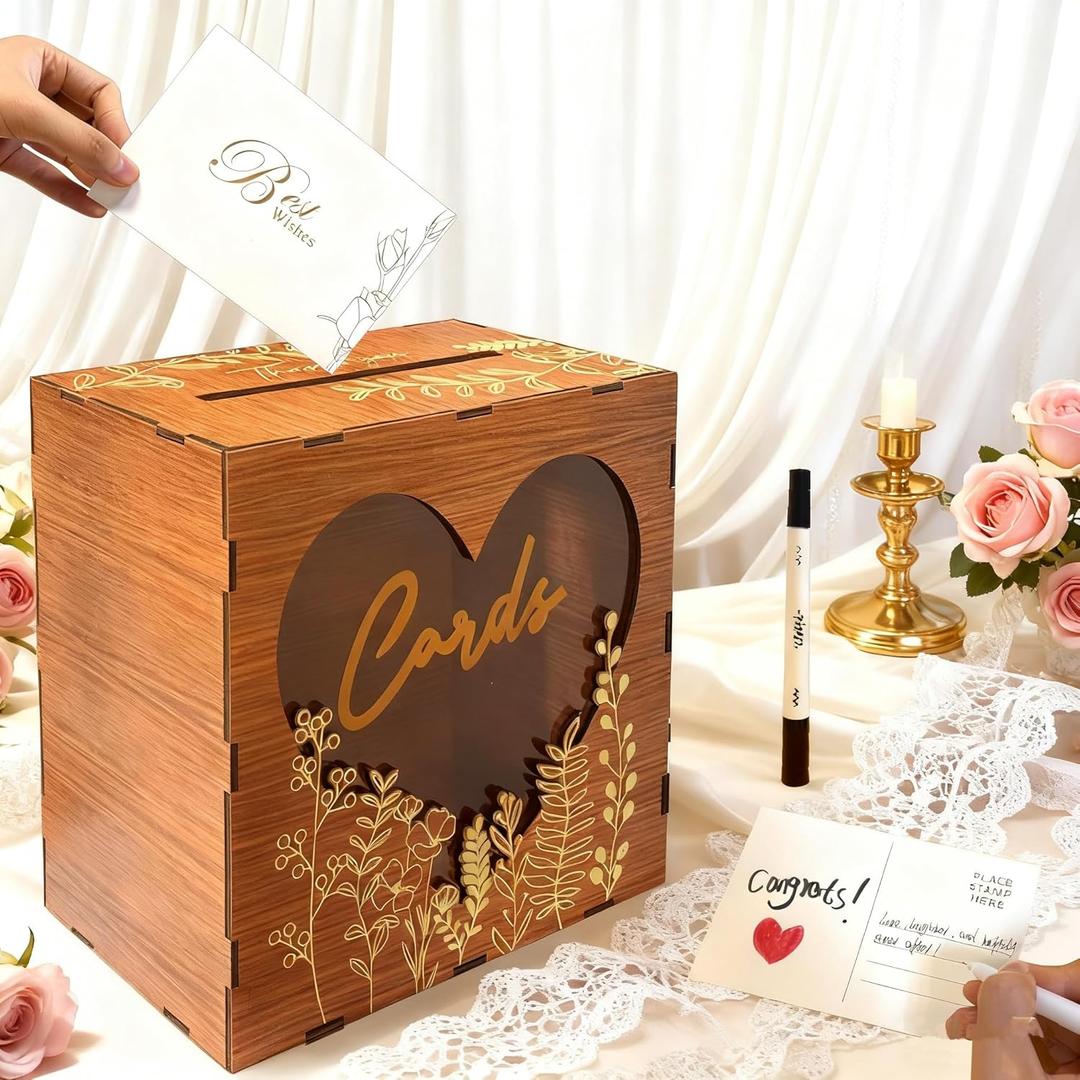Wooden Heart Wedding Card Box with Acrylic Window - Rustic Card Boxes for Wedding Reception & Bridal Shower, Wooden Money Holder for Honeymoon Fund, Includes 20 Cards & Pen