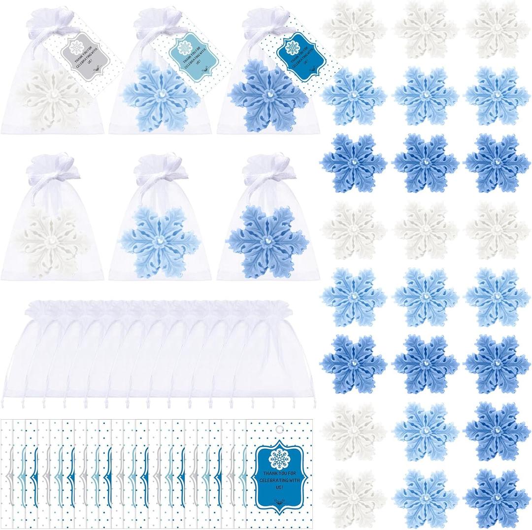 Treela 24 Sets Little Snowflake Baby Shower Favors for Guests Christmas Snowflake Candles Scented Christmas Goody Bag Stuffers Winter Baby Birthday Party Favor with Thank You Cards Organza Bags (Blue Gradient)