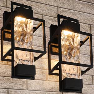 PARTPHONER Modern Outdoor Light Fixtures Dusk to Dawn Outdoor Lighting 2 Pack, 15" Exterior Wall Sconce Waterproof Porch Light, Outside Lamp for House with Water Glass for Garage Doorway (Black)