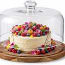 Clear Wooden Glass Dessert Dome with Base, Round Cake Stand Cover, Pastry Display Cloche for Food, Cake Plate with Cover for Baking Gifts Birthday Kitchen Party Weddings (11.4 inch)