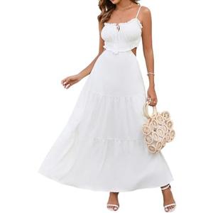 XinFSh Women's Summer Spaghetti Maxi Dress Boho Backless Milkmaid Cutout Dresses Casual Flowy Long Beach Vacation Sundress S