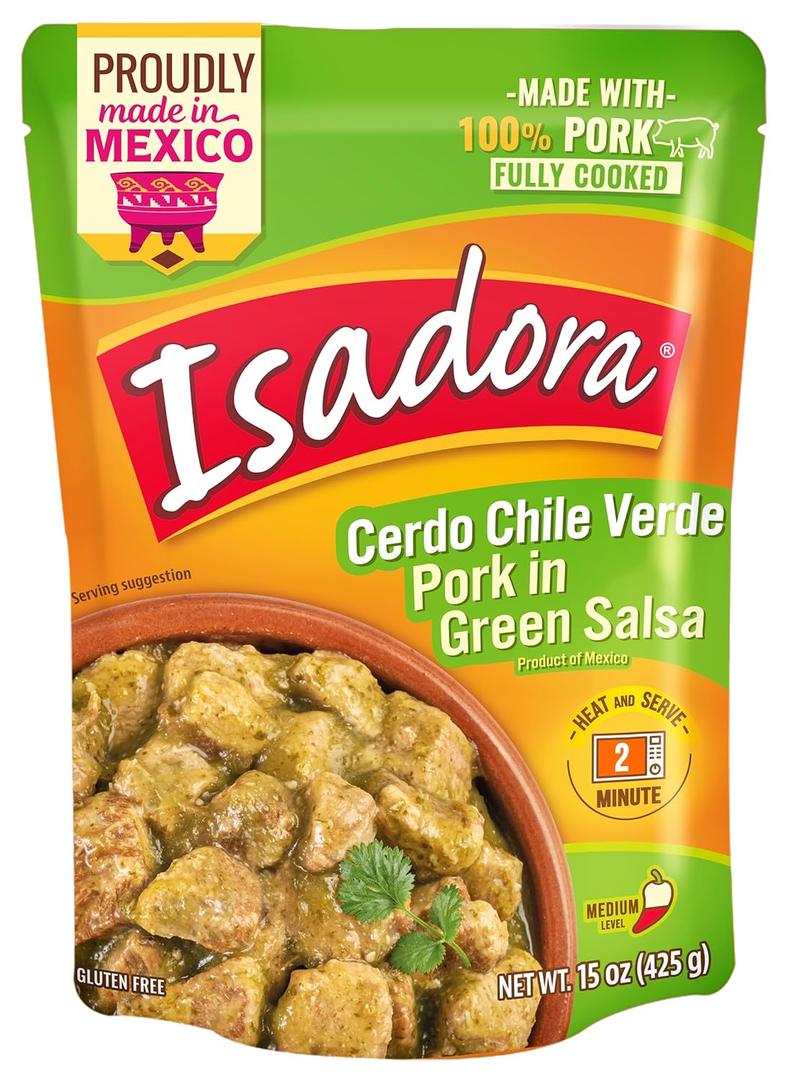 3 x Isadora Fully Cooked Pork Chile Verde 15 oz Pouch, Ready-to-Eat Authentic Mexican Meal, Pork in Green Salsa, Medium Heat, Shelf Stable Meat, No Refrigeration Needed, Heat and Serve Instant Meal (EXP 06/03/26)