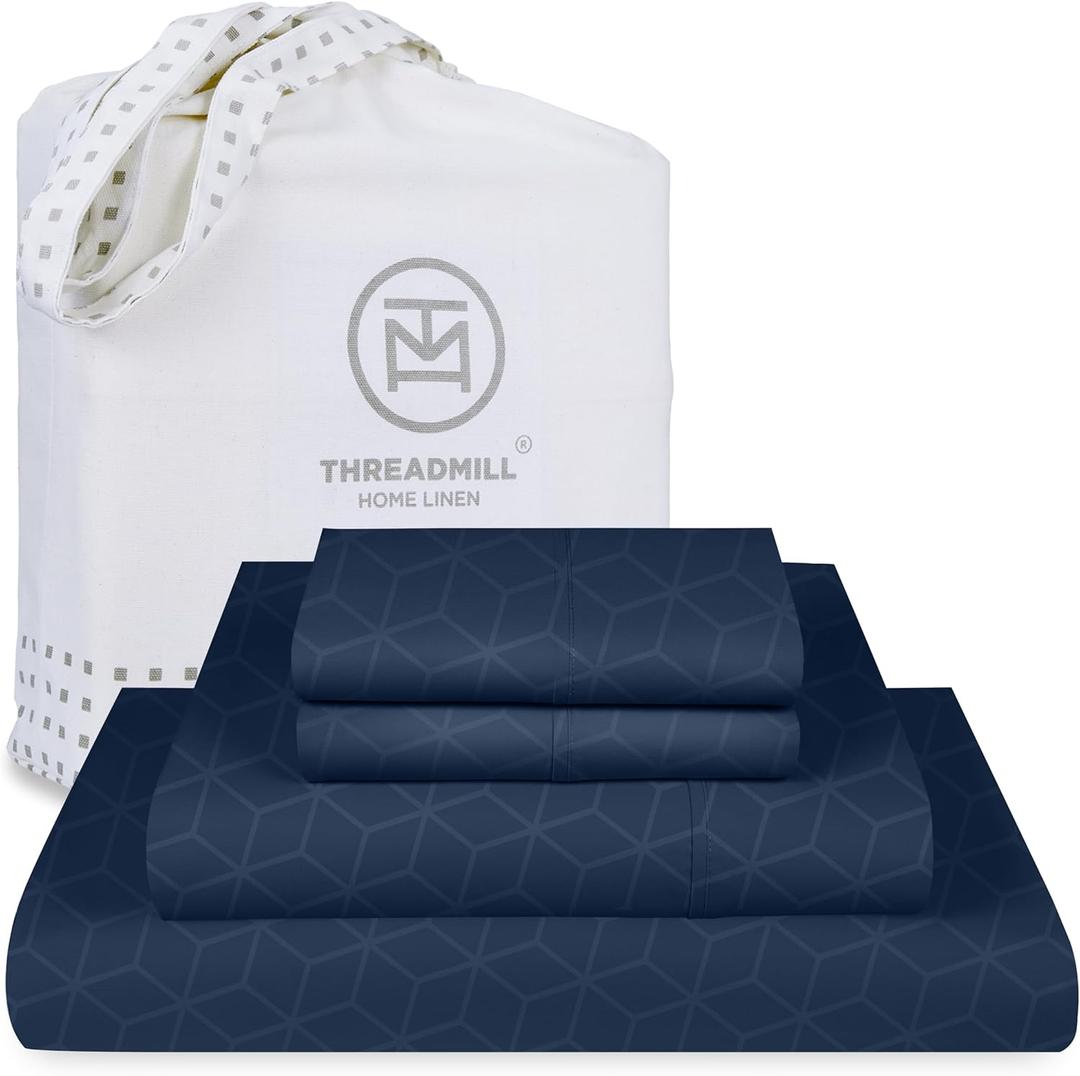 Threadmill Egyptian Cotton Full Size Sheet Set | 100% Certified Egyptian Cotton Sheets for Full Size Mattress | Bed Sheets with Deep Pocket | Soft Damask Jacquard Cooling Bedding Set | Folkstone Blue