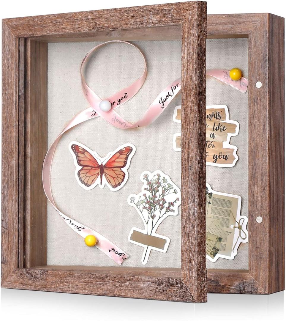8x8 Shadow Box Frame with Linen Back - Sturdy Rustic Memory Display Case of Flower, Pictures, Medals and More, Rustic Brown