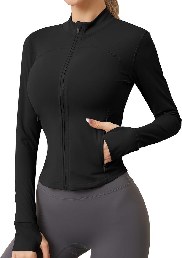 AKEWEI Womens Zip Up Workout Jackets Lightweight Athletic Slim Fit Track Jacket with Inner and Outer Pockets and Thumb Holes (Small, Black)