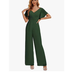 Zoghoo V Neck Formal Jumpsuits for Women Wedding High Waist Long Wide Leg Pants Short Sleeve Rompers with Pockets, (Emerald Green, X-Small)