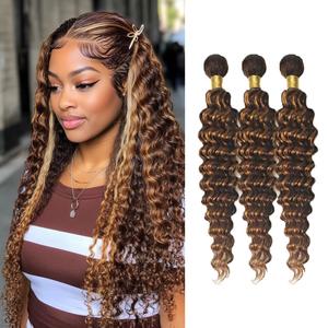 Highlight Brown Deep Wave P4/30 Human Hair Ombre Brown Deep Curly Bundles 8A Grade Brazilian Virgin Hair Two Tone Brown Mixed with Medium Auburn Hair Extensions 24 26 28 Inch