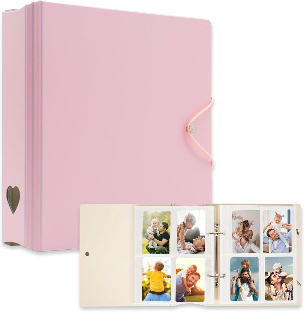 A5 Kpop Photocard Binder, 2 Ring Binder Photo Album for Fujifilm Instax Mini Camera Polaroid Printer Photo Film, 2x3 inch Kpop Photocard Holder Book with 25 Pages 4 Pocket (Pink)
