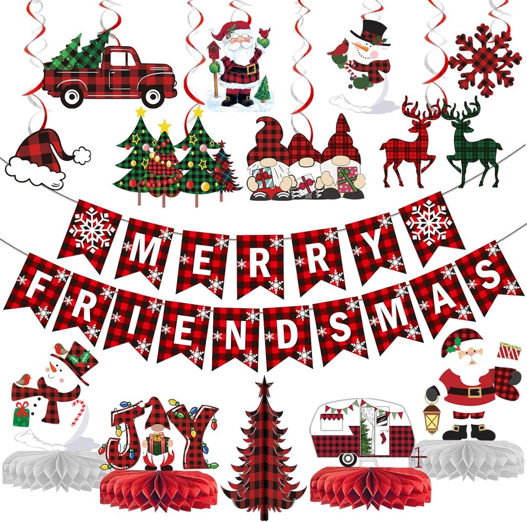 Buffalo Plaid Christmas Decorations Merry Friendsmas Banner Merry Friendsmas Decorations for Christmas Party Decorations