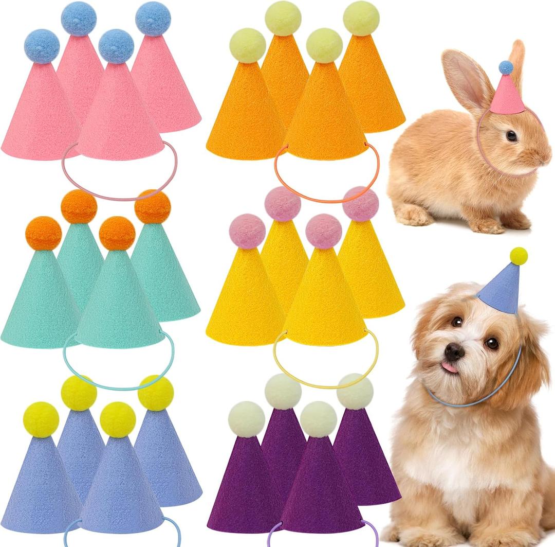 24pcs Mini Party Hats for Stuffed Animals, Birthday Party Cone Hats Dolls Dog Cat Rabbit Puppies Assorted Animal Birthday Decorations