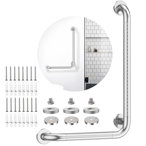 Polished Chrome Angled Grab Bar 16x24 Inch, iHansee Bathroom Safety Bar w/Anti-Slip Knurled Grip, Wall Mount L Shaped Shower Handle for Elderly Senior Handicap, Toilet Bathtub Balance Support Bar