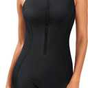 Tempt Me Women One Piece Boyleg Swimsuit Zip Up Racerback Bathing Suits Athletic Sporty High Neck Swimwear (X-Large, Black)