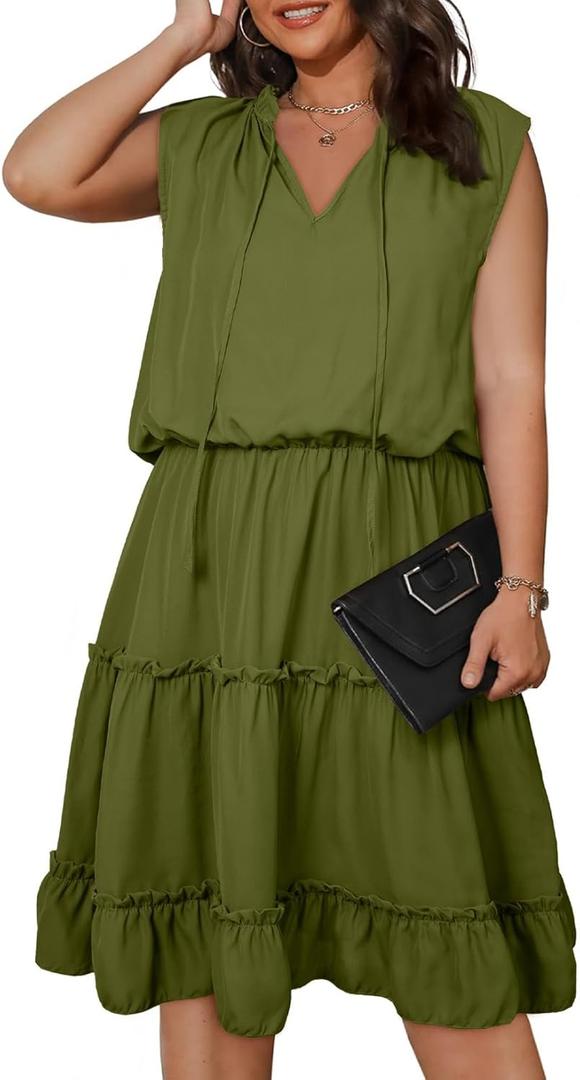 Eytino Womens Plus Size Chiffon Sleeveless V Neck Drawstring Ruffle Layer Swing Mini Dresses,1X Green