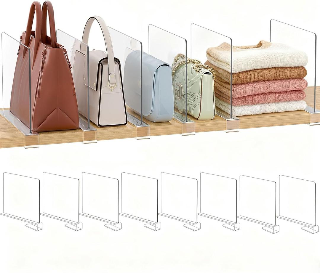 Purse Organizer for Closet Shelf Dividers: 8-Pack Adjustable Clear Acrylic Bag Storage Organizer for Handbags, Sweaters, Towels, Jeans and Shoes on Wood Shelves (Standard: 8" Tall x 12" Deep)