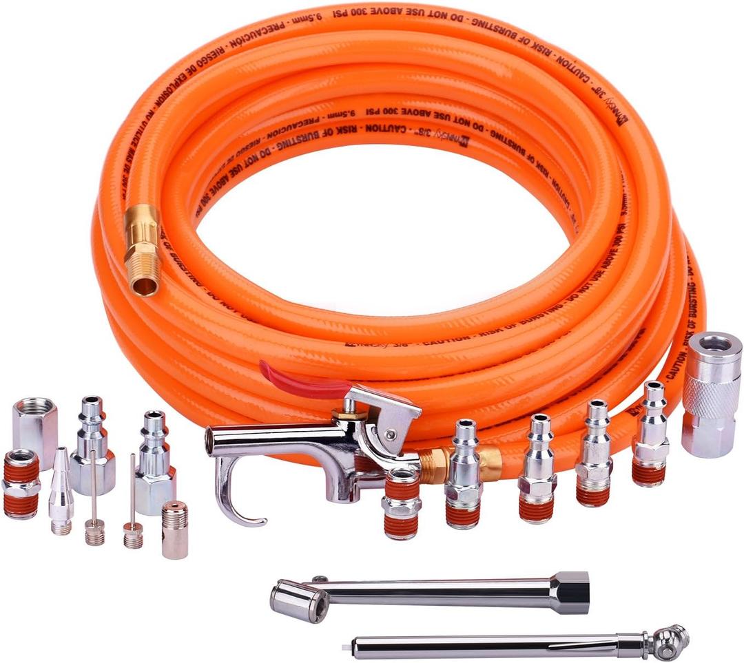WYNNsky 3/8" X 25ft PVC Air Compressor Hose Kit With 17 Piece Air Tool and Air Compressor Accessories Kit