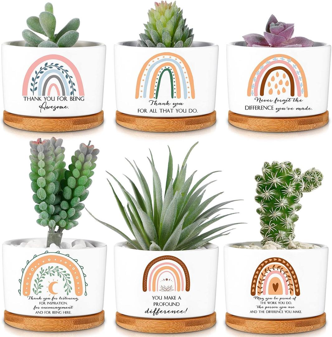Sieral 6 Pcs Thank You Employee Appreciation Gift Succulent Pots Social Worker Gift Ceramic Plant Pot with Bamboo Tray Succulent Planter for Coworker Teacher, Plants Excluded (Boho Style)
