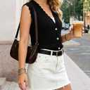 Trendy Sweater Vest Waffle Knit Top Vest V Neck Cardigan Sweater Casual Sleeveless Tops Cute Ruffle Vest (Black, L)