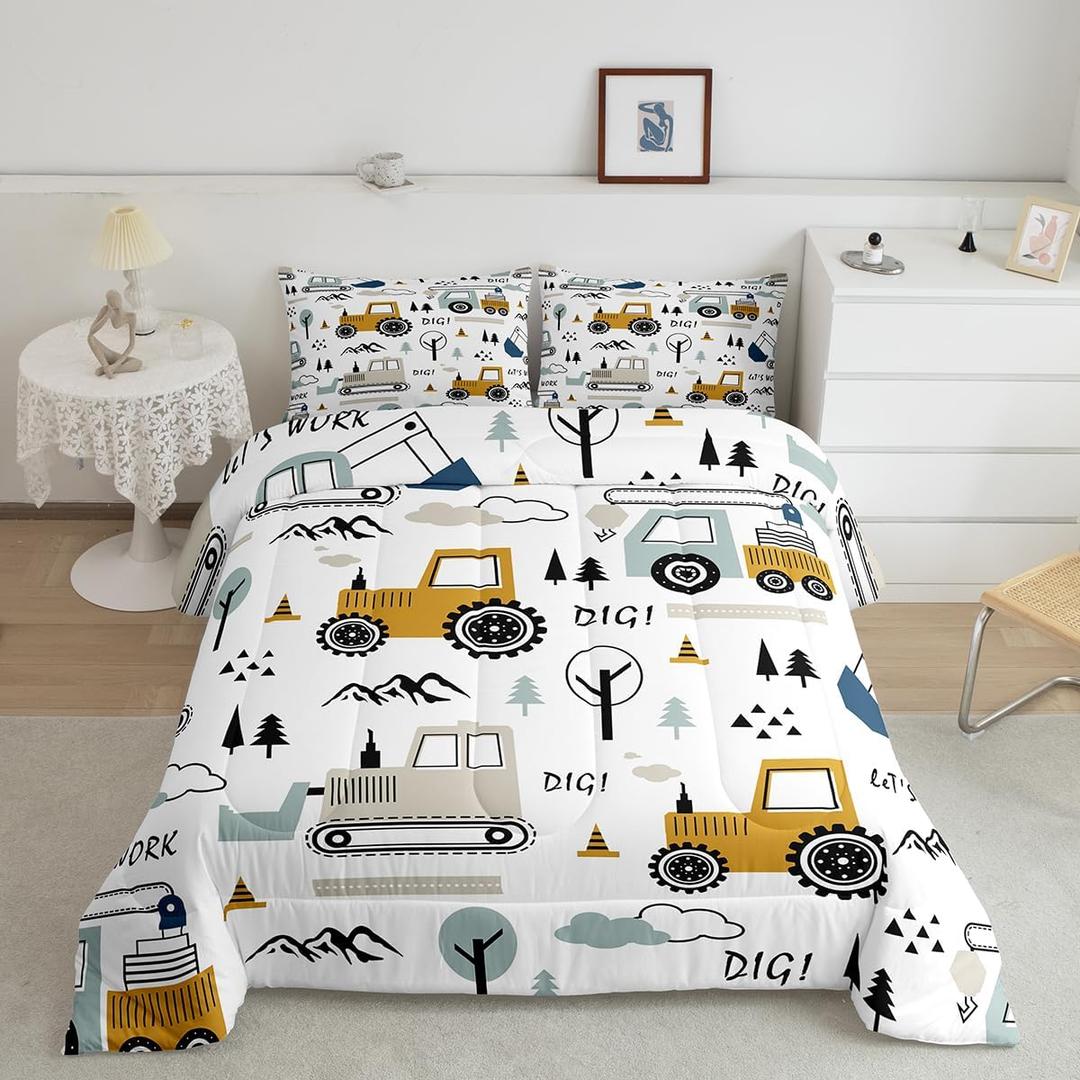 Feelyou Cartoon Car Kids Comforter Set Construction Bedding Set for Boys Toddler Decor Equipment Trucks Comforter Cartoon Car Excavator Tractor White Yellow Duvet Set 2Pcs Twin with 1 Pillow Case (Multi 09)