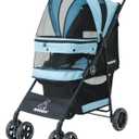 ROODO 4 Wheel Dog Cat Pet Stroller Best Lightweight Foldable Compact Portable Jogger All Terrain Travel Pet Gear Puppy Doggie Bunny Kitty Stroller for up to 30lbs Medium Small Dogs Cats (Sky Blue)